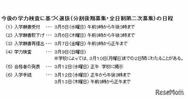 分割後期募集と第2次募集の選抜日程