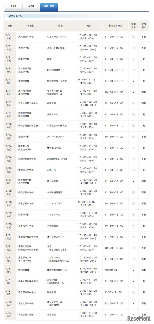 学校見学会スケジュール（共学・別学）