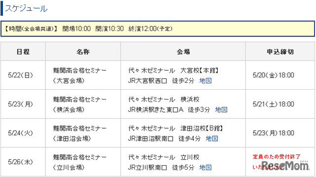 難関高合格セミナー　スケジュール