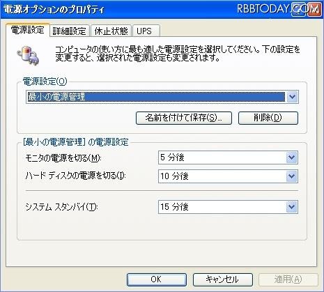 「Windows PC自動節電プログラム」適用後の設定（Windows XPの場合） 「Windows PC自動節電プログラム」適用後の設定（Windows XPの場合）