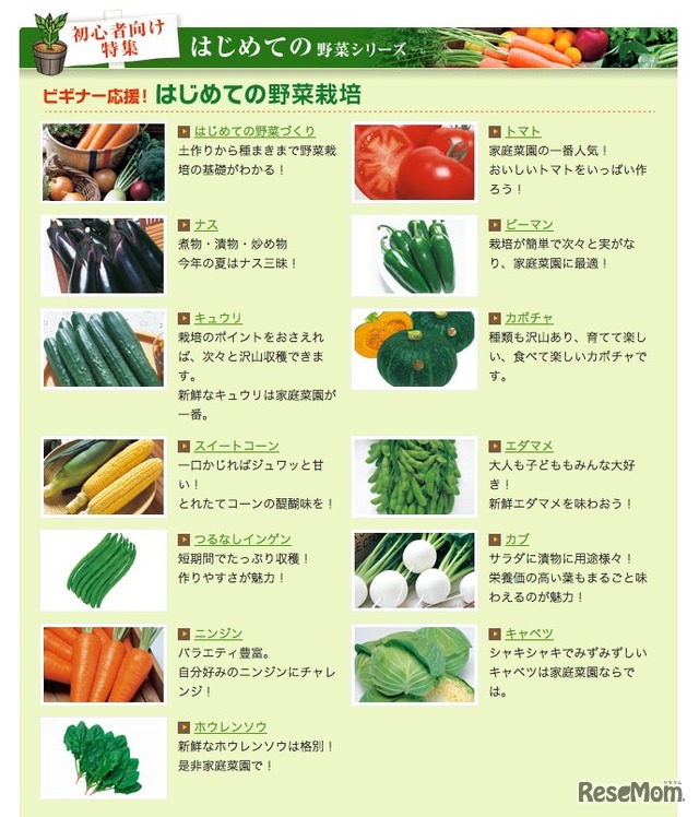 タキイ種苗Webサイト、初めての野菜シリーズ