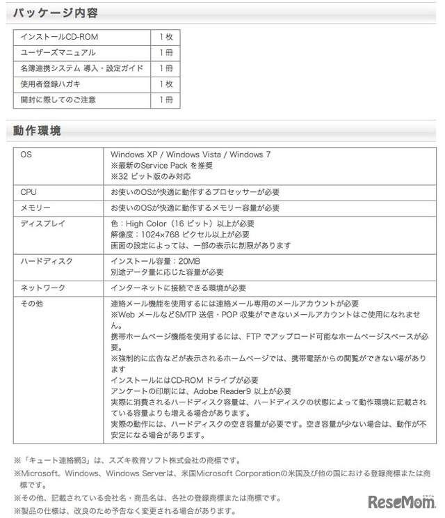 パッケージ内容・動作環境