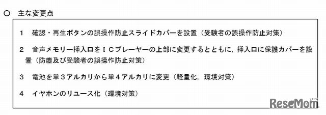 リスニング用音声機器の主な変更点