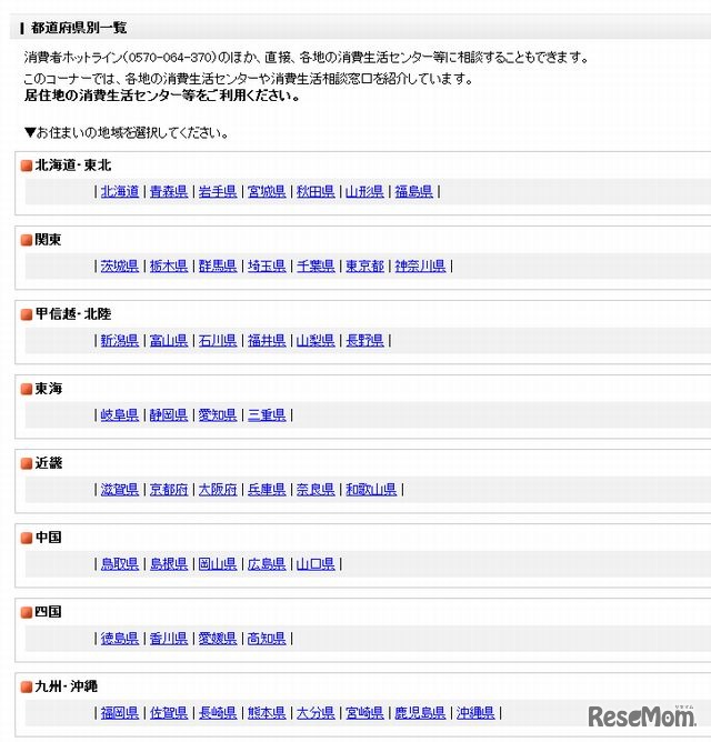 消費生活センター窓口案内（都道府県別）