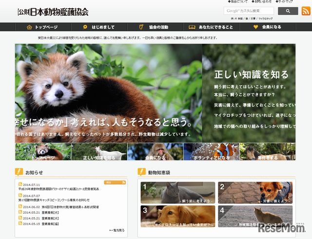 日本動物愛護協会のホームページ