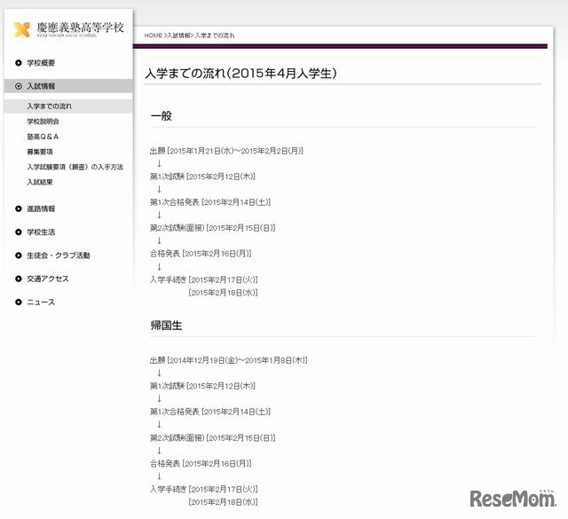 慶應義塾高等学校の入学までの流れ（一般・帰国生）