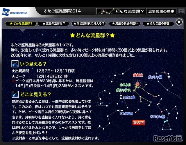 ウェザーニューズの特設ページ「ふたご座流星群2014」