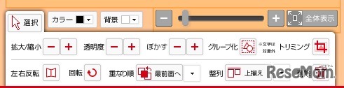 5、素材や画像のサイズ変更、透明度調整、回転、トリミング機能で細かな調整