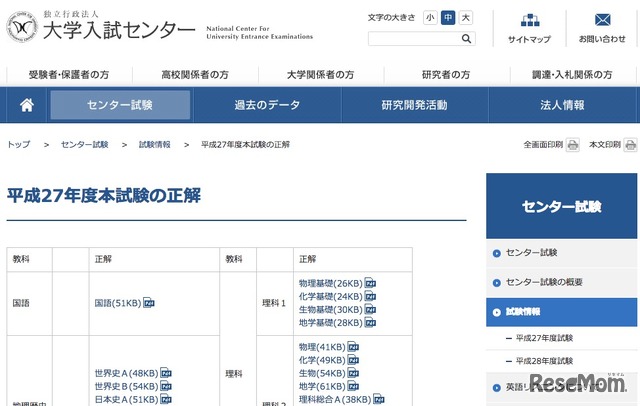 センター試験2日目の正答（一部）