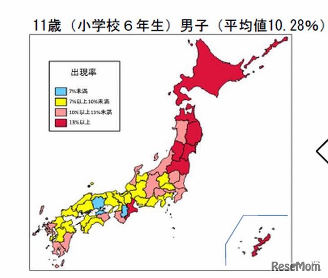 都道府県別の肥満傾向児出現率（小学6年男子）