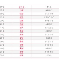 2016年桜にまつわる名前ランキング（16位から30位）