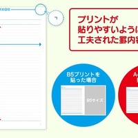 「キャンパスノート（プリント貼付用）」　「くの字」とあわせて目安にすれば、誰でもカンタンかつキレイにプリントを貼ることができる