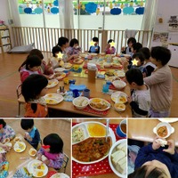 児童発達支援事業所での給食のようす。最初は座って食べることもできなかった子どもたちも、職員が丁寧に接することで座って食べれるようになりました。基本的に食事は楽しいことだという雰囲気が大切です。