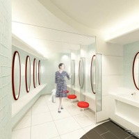 リニューアル後のトイレ（女性用パウダーコーナー）のイメージ。丸みを帯びたデザインが用いられる。
