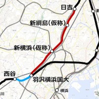 神奈川東部方面線のルート。西谷方の相鉄・JR直通線（青）と日吉方の相鉄・東急直通線（赤）で構成される。