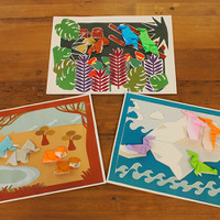 上が「熱帯林に住む動物」、下段左が「サバンナに住む動物」、右が「つめたい海に住む動物」