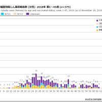 年齢群別接種歴別風しん累積報告数（女性）2018年 第1～45週
