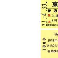 「『ありがとう平成』記念入場券」の台紙（左）と入場券（右）のイメージ。購入者にはオリジナル硬券型しおりも付く。