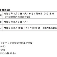 横浜市教育委員会　令和2年度（2020年度）「入学者の募集および決定に関する要項」各校の日程と募集定員
