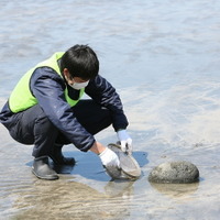 ザルを使って砂に混ざった小さなプラスチック破片を取り除く