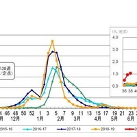 東京都内のインフルエンザ定点あたり患者報告数（過去5シーズン）