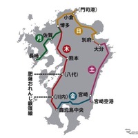 木曜から月曜にかけて九州全県を巡る『36ぷらす3』のルート。各日とも日中に走行し、門司港駅を除くルートに記載された各駅で乗降できる。運行は年間45週程度を予定している。