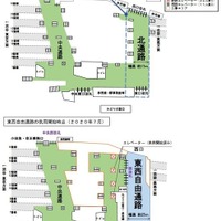 東西自由通路整備前（上）と整備後（下）の構内。自由通路は延長100mほどで、東西改札と、みどりの窓口、券売機が通路沿いに移設される。