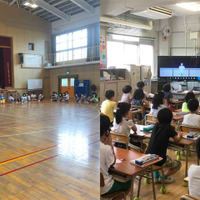 児童集会のようす。（左）担当児童が体育館からTeamsを使って配信、（右）児童たちは各教室で参加