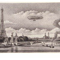 長谷川潔「アレキサンドル三世橋とフランスの飛行船」