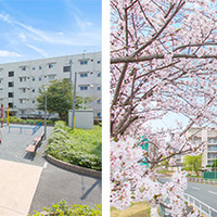 （左）住宅敷地内の公園（右）町田木曽住宅の外観