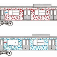 「アロハ電車」のデザイン。ハワイ語でウミガメを意味する「ホヌ柄」とされたラッピングには、ウミガメやイルカのほか、伊豆ならではのシークレットキャラクターも入るという。前面スカートにも配色されており、伊東方が青、伊豆急下田方が赤となる。