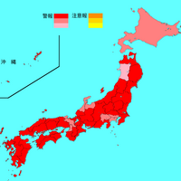 インフルエンザ流行レベルマップ2025年第3週（1月13日～19日）※警報レベル超えの保健所がある都道府県は赤色3段階で表示