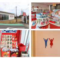 売店の外観（左上）、売店の内部のようす（右上）、ご当地ポッキーの数々（左下）、売店のトイレのマークもグリコポーズ！（右下）