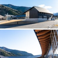 広大な敷地の中に円弧状に配置された校舎棟、体育館棟、温泉施設「比咩の湯」は寮生は無料で利用できる