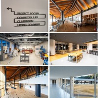 教室のほか、学生たちが集うリビングコモンズ、モノ作りの拠点であるメーカースタジオなど、学生たちのクリエイティビティを刺激する校舎内。白山麓の木材がふんだんに使われている。