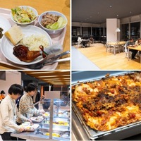 毎日の食事はカフェテリアでのブッフェ形式。和・洋・中・多国籍…日替わりメニューが並ぶ。