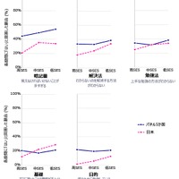 算数の勉強で抱える課題とSES（家庭の社会経済的背景）の関係：パネル5か国と日本（小学4年生）　SES層は「世帯年収」「教育費」「保護者の大卒率」「家庭の本の数」を国別学年別に統合・正規化した合成指標により高・中・低の3層に分類。パネル５か国はアメリカ、イギリス、フランス、南アフリカ、中国