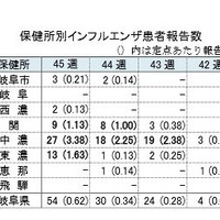 岐阜県の保健所別インフルエンザ患者報告数
